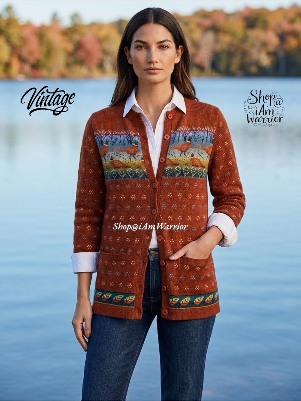 RARE Vintage Sirkka Kononen Finland Spice Wool Pheasant Bird Art Knit Cardigan